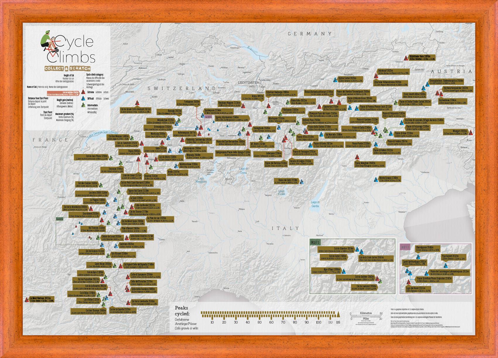 Stírací mapa cyklotras v Alpách